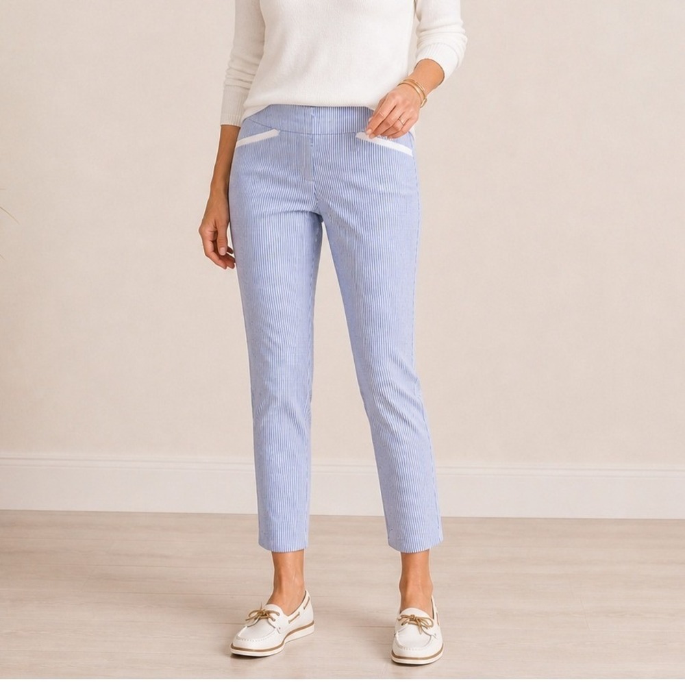 Nautical Stripe Seersucker Slim Stovepipe Pants Women 6 Coastal Renuar
